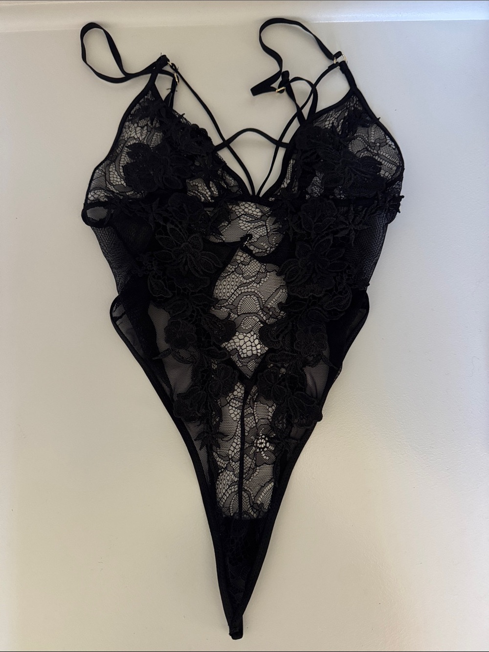 Lace Floral Strappy Teddy Bodysuit - Black